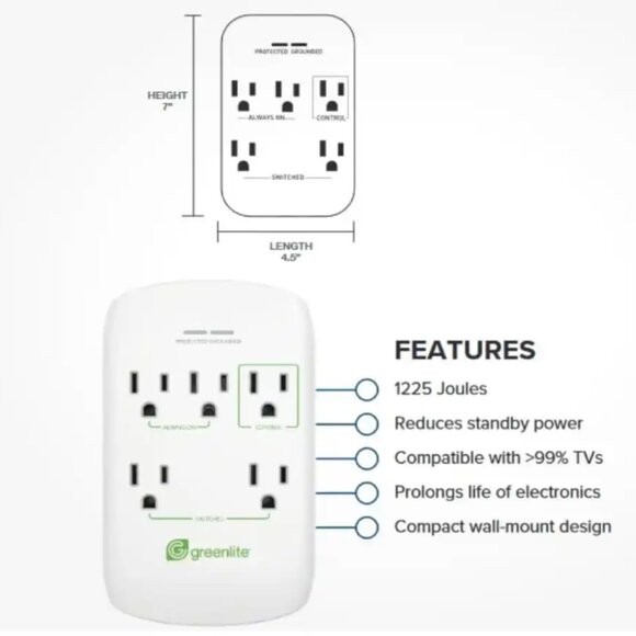 NEW Greenlite Teir 1 Advanced Power Strip 5 Outlet Wall Mount Surge Protector - Picture 3 of 4